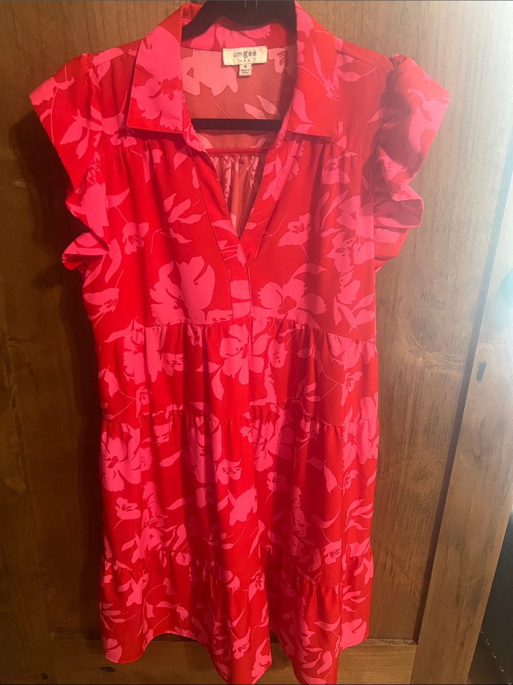 Umgee Red & Pink Floral V-Neck Tiered Dress